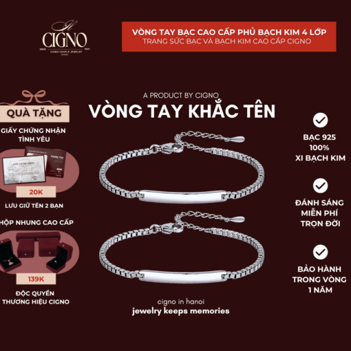 Vòng tay đôi khắc tên - Bạc 925 phủ Bạch kim cao cấp CIGNO
