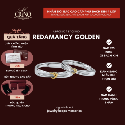 |BẠC 925| Nhẫn đôi Bạc 925 phủ Bạch kim cao cấp Redamancy Golden CIGNO