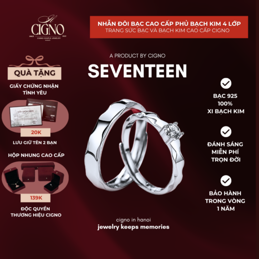 Nhẫn đôi Bạc 925 phủ Bạch kim cao cấp SEVENTEEN CIGNO