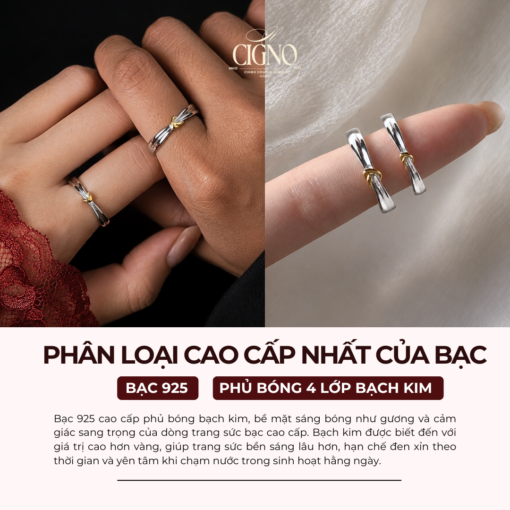 Alternative view of |BẠC 925| Nhẫn đôi Bạc 925 phủ Bạch kim cao cấp Redamancy Golden CIGNO