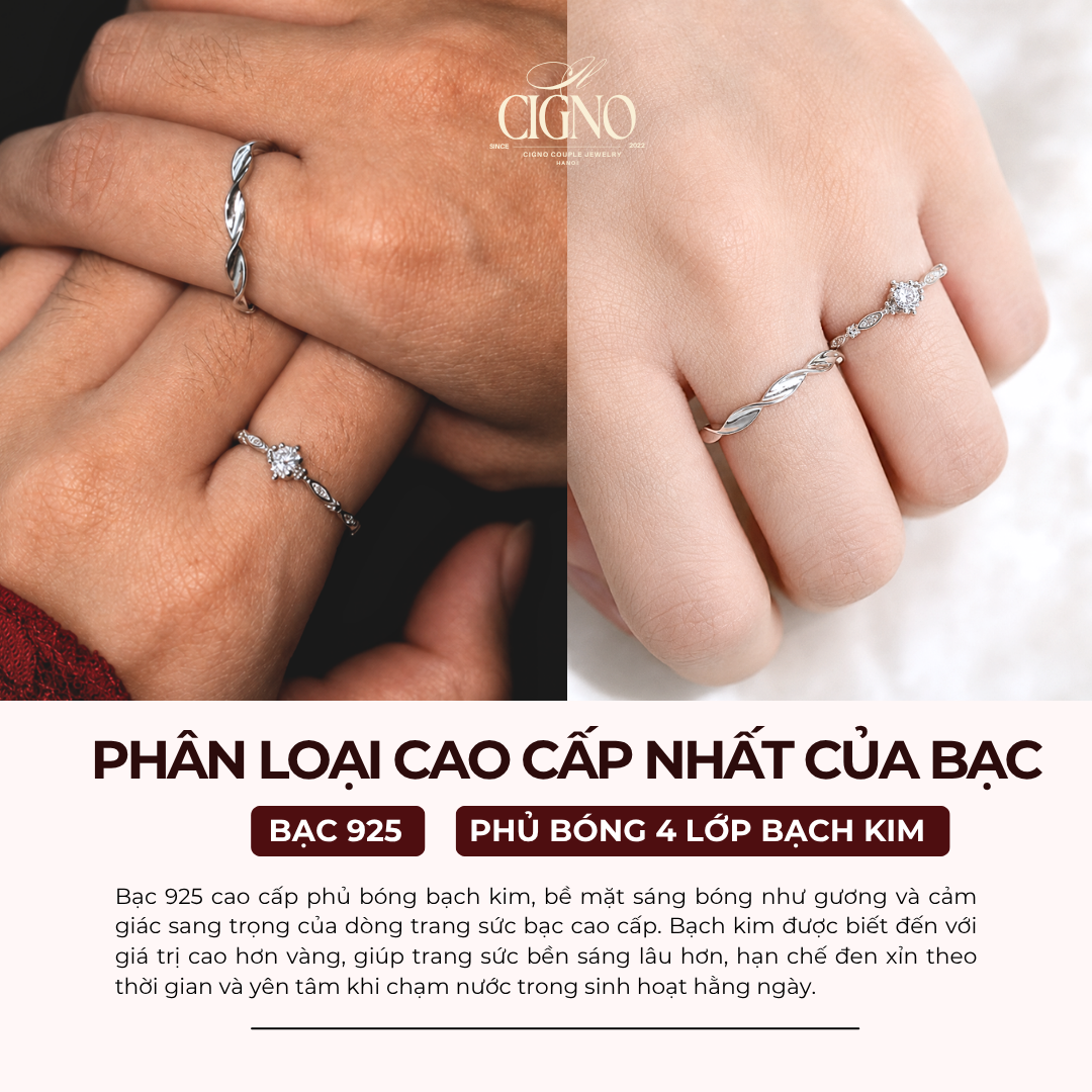 |BẠC 925| Nhẫn đôi Bạc 925 phủ Bạch kim cao cấp QUERENCIA CIGNO - Ảnh 2