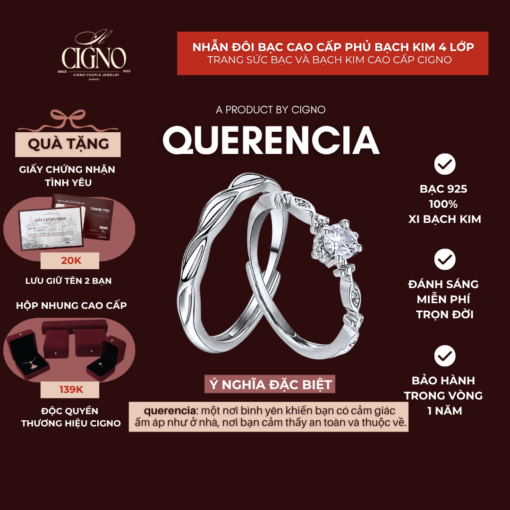 |BẠC 925| Nhẫn đôi Bạc 925 phủ Bạch kim cao cấp QUERENCIA CIGNO