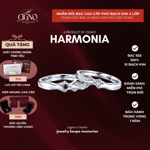 |BẠC 925| Nhẫn đôi Bạc 925 phủ Bạch kim cao cấp Harmonia CIGNO