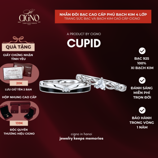|BẠC 925| Nhẫn đôi Bạc 925 phủ Bạch kim cao cấp CUPID CIGNO