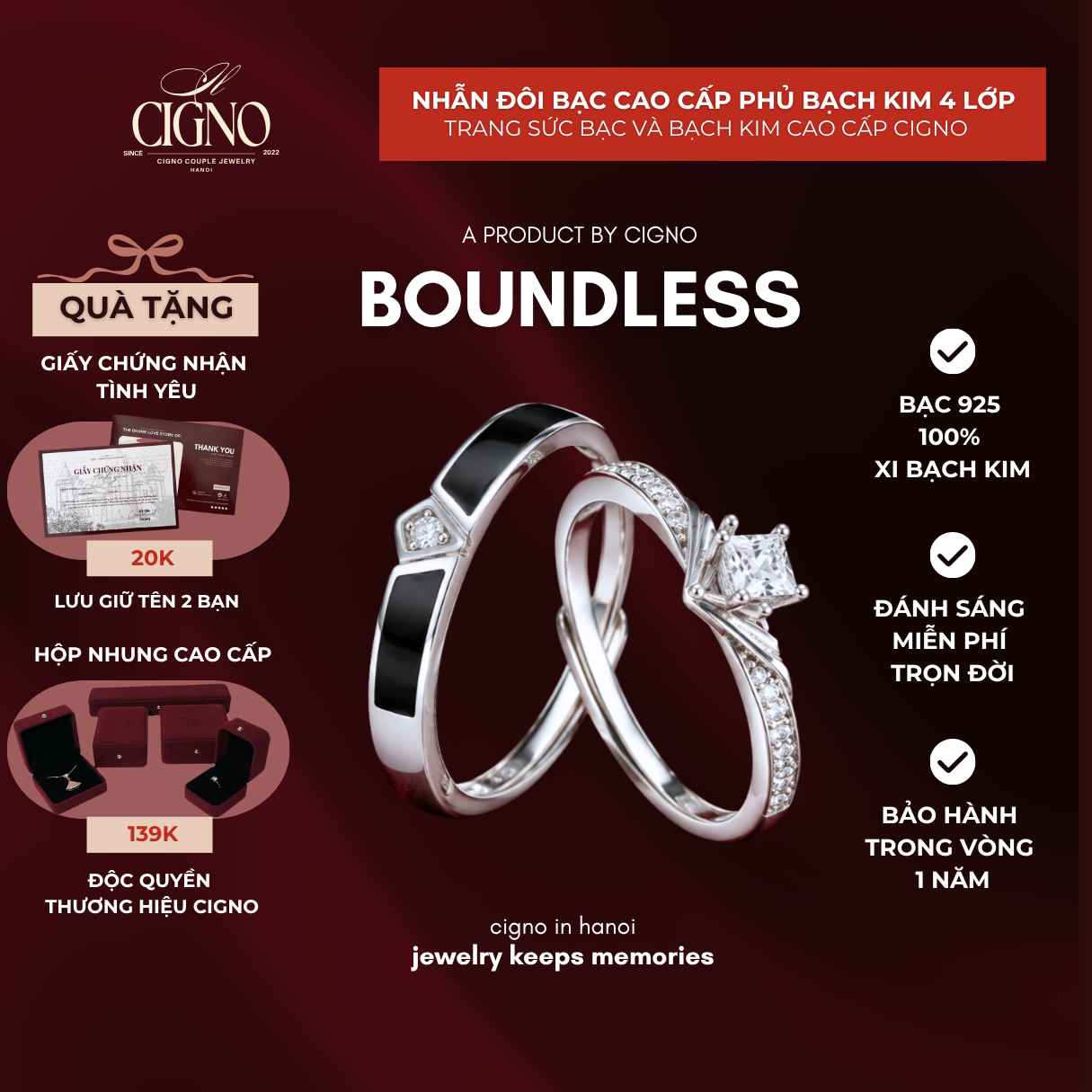 Nhẫn đôi Bạc 925 phủ Bạch kim cao cấp Boundless – Eternal Promise Collection by CIGNO