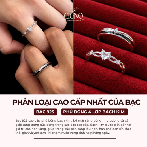 Alternative view of |BẠC 925| Nhẫn đôi Bạc 925 phủ Bạch kim cao cấp CUPID CIGNO