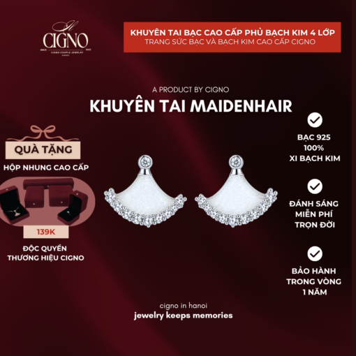CIGNO – Khuyên tai Rẻ Quạt maidenhair – Bạc 925 phủ Bạch kim 4 lớp
