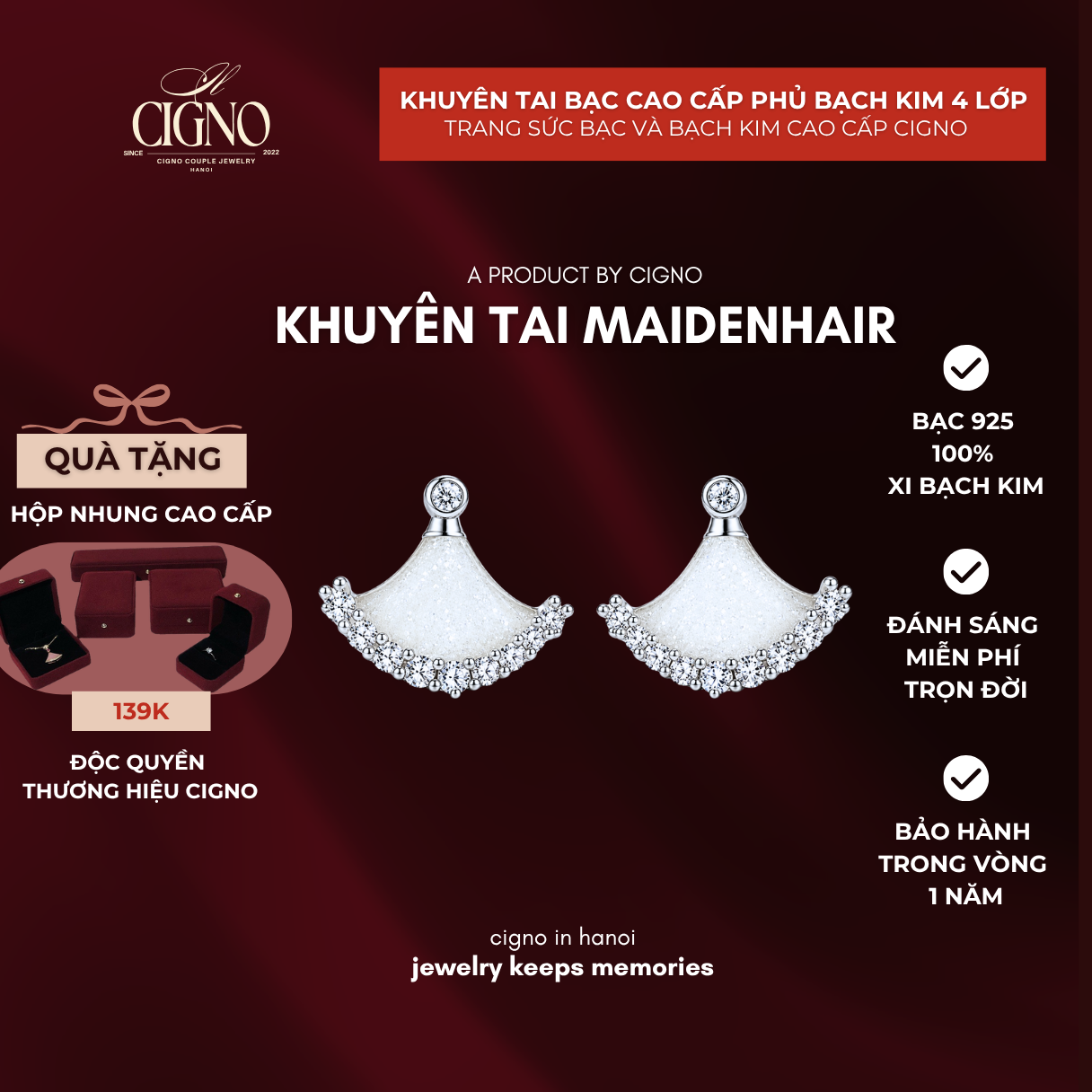 CIGNO – Khuyên tai Rẻ Quạt maidenhair – Bạc 925 phủ Bạch kim 4 lớp